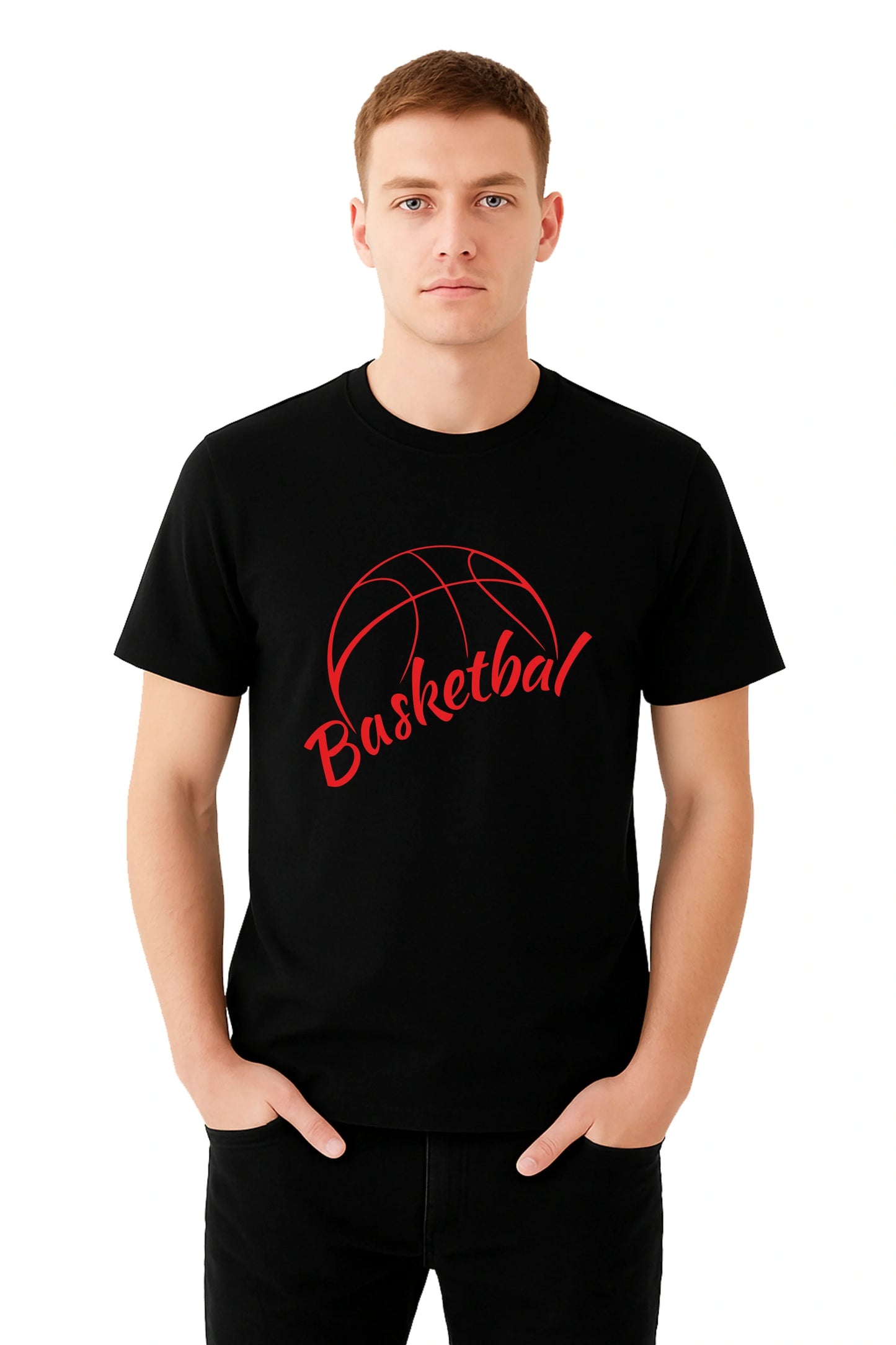 Black Printed (BASKETBAL) Men's Half sleeve Casual Wear Regular Fit 100% Cotton Bio-Wash T-Shirt.