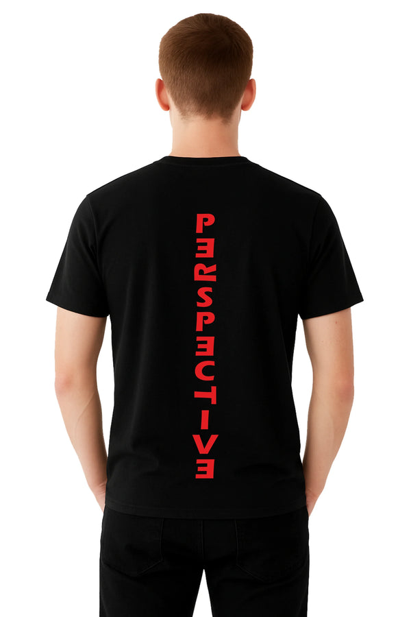 Black Printed (PERSPECTIVE)  Men's Half sleeve Casual Wear Regular Fit 100% Cotton Bio-Wash T-Shirt.