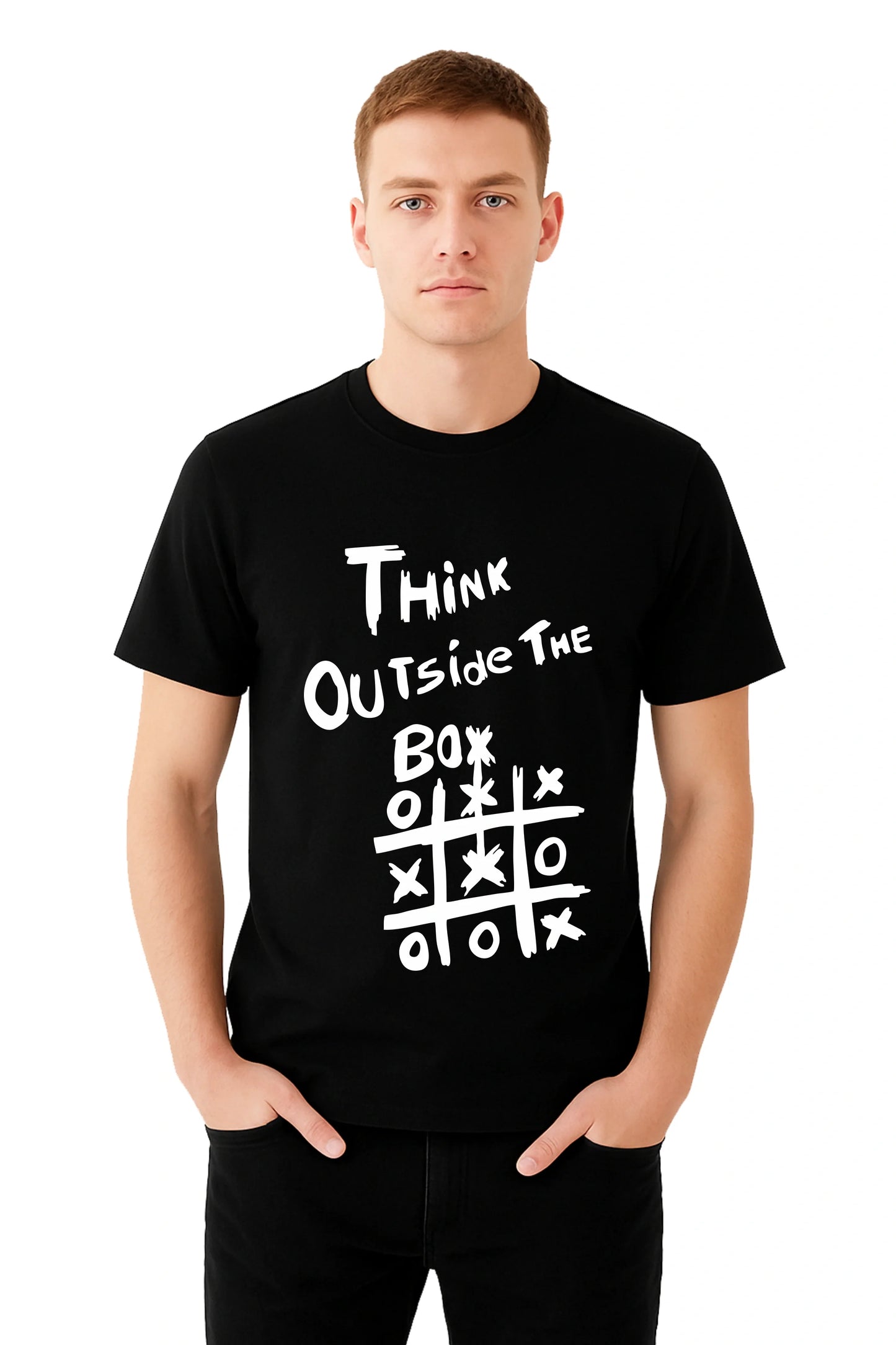 Black Printed (THINK OUT SIDE THE BOX)  Men's Half sleeve Casual Wear Regular Fit 100% Cotton Bio-Wash T-Shirt.