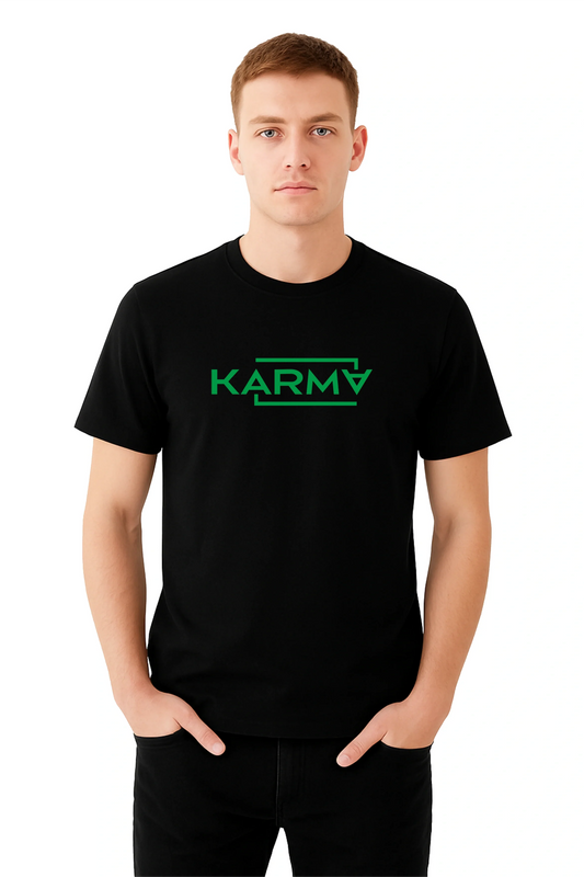 Black Printed (KARMA)  Men's Half sleeve Casual Wear Regular Fit 100% Cotton Bio-Wash T-Shirt.