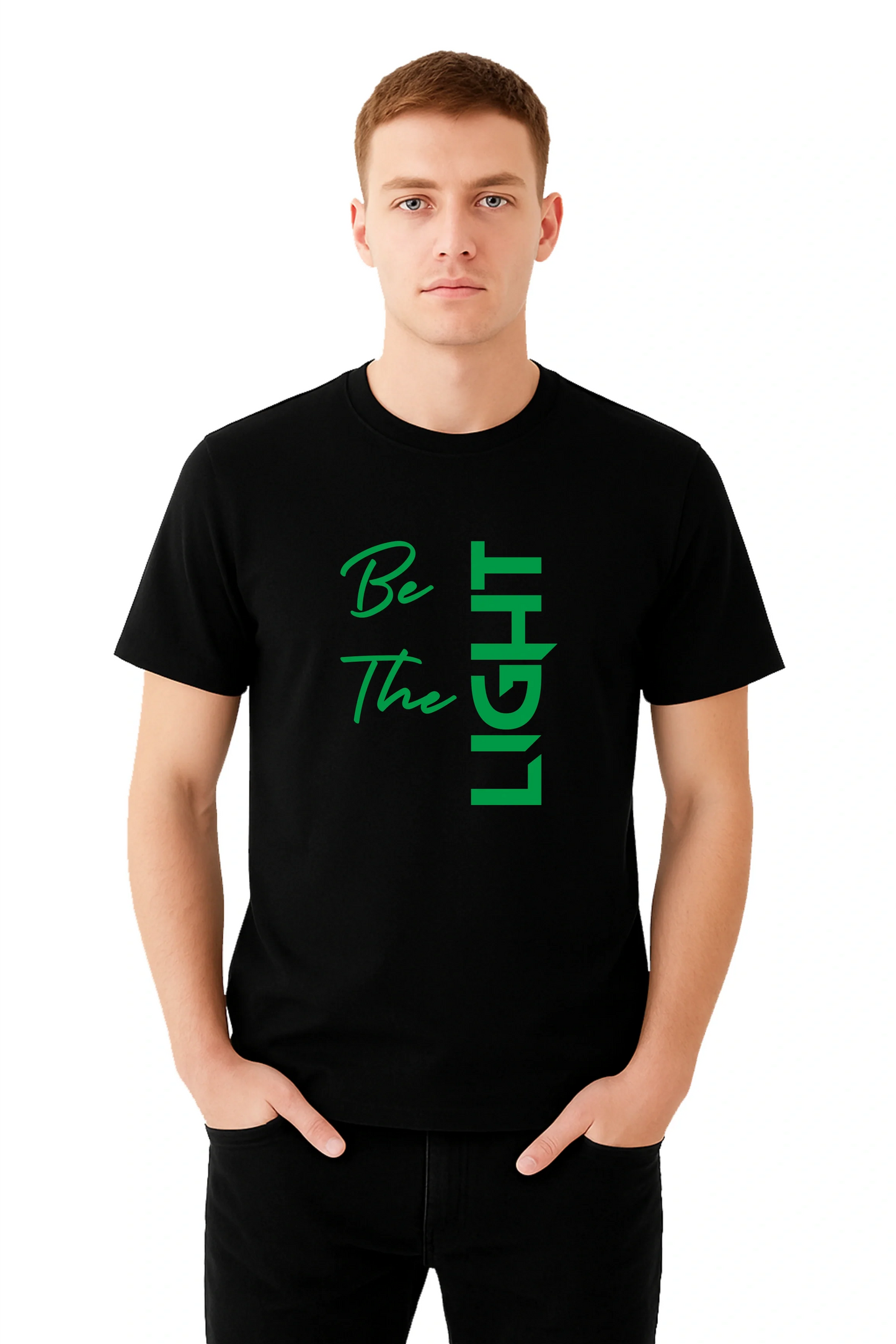 Black Printed (BE THE LIGHT)  Men's Half sleeve Casual Wear Regular Fit 100% Cotton Bio-Wash T-Shirt.