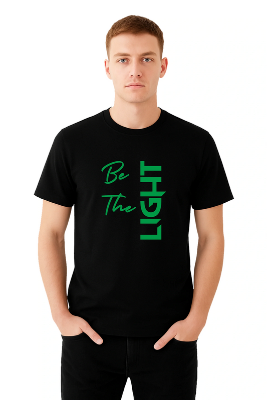 Black Printed (BE THE LIGHT)  Men's Half sleeve Casual Wear Regular Fit 100% Cotton Bio-Wash T-Shirt.