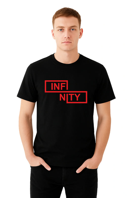 Black Printed (INFINITY)  Men's Half sleeve Casual Wear Regular Fit 100% Cotton Bio-Wash T-Shirt.